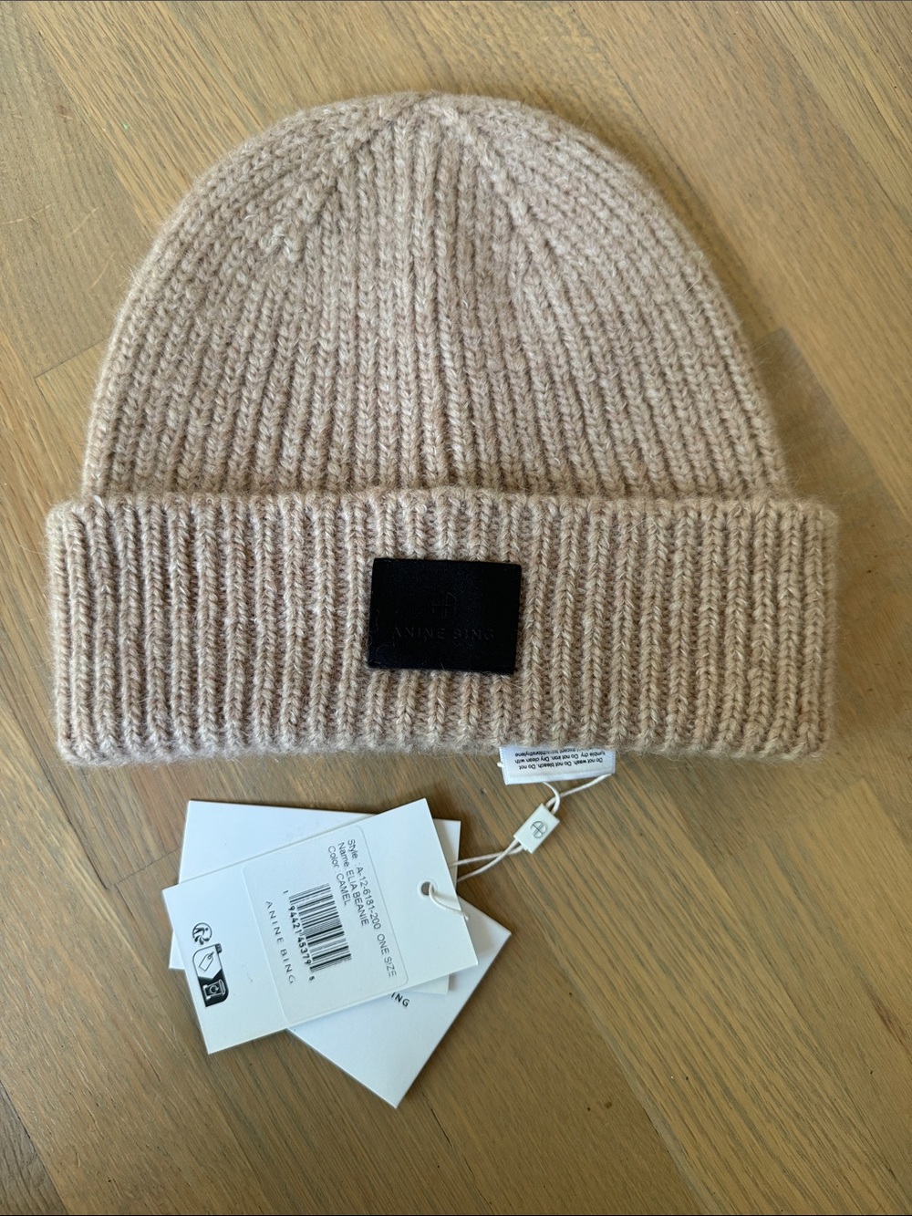 Anine Bing  Ribbed Knit Beanie in Light Taupe